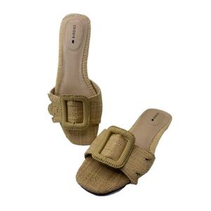 Birdies The Kiwi Putyin Big Buckle Slide Sandals Wheat Raffia 8